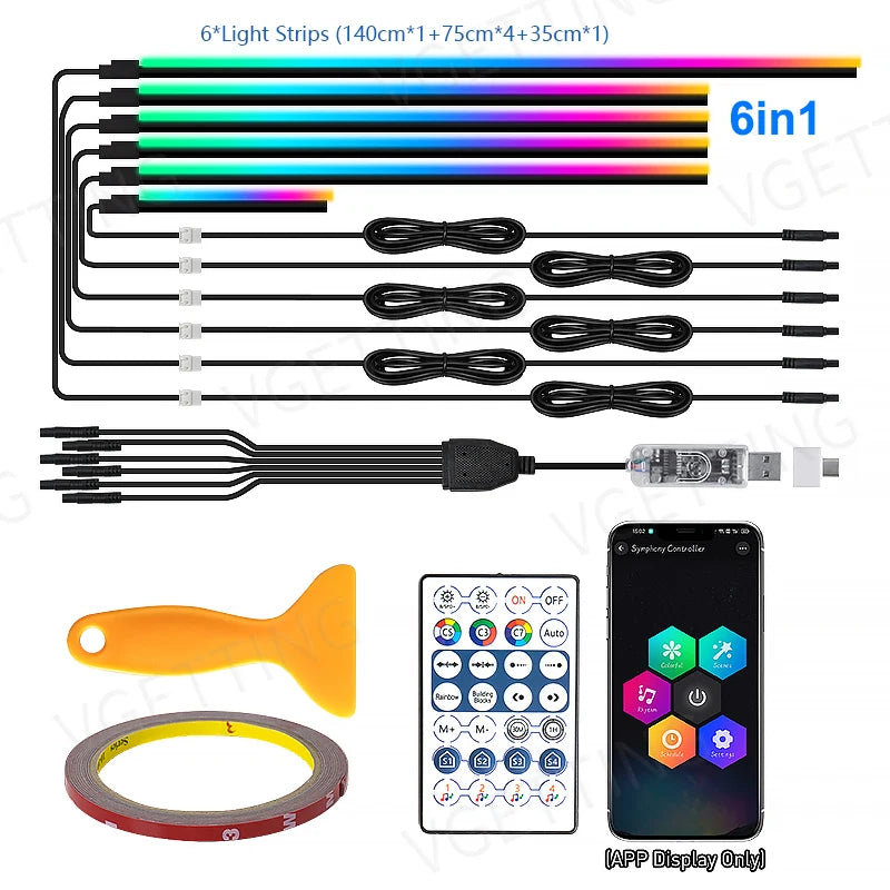 6in1 Interior LED Ambient Lights For Tesla Model 3 Y S X Full Color RGB LED 110/140CM USB APP Control Remote Acrylic Atmosphere